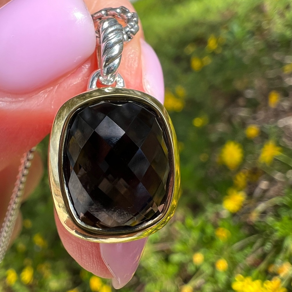 David Yurman Sterling Silver Pendant Necklace Smoky Topaz with 925/18k Bezel